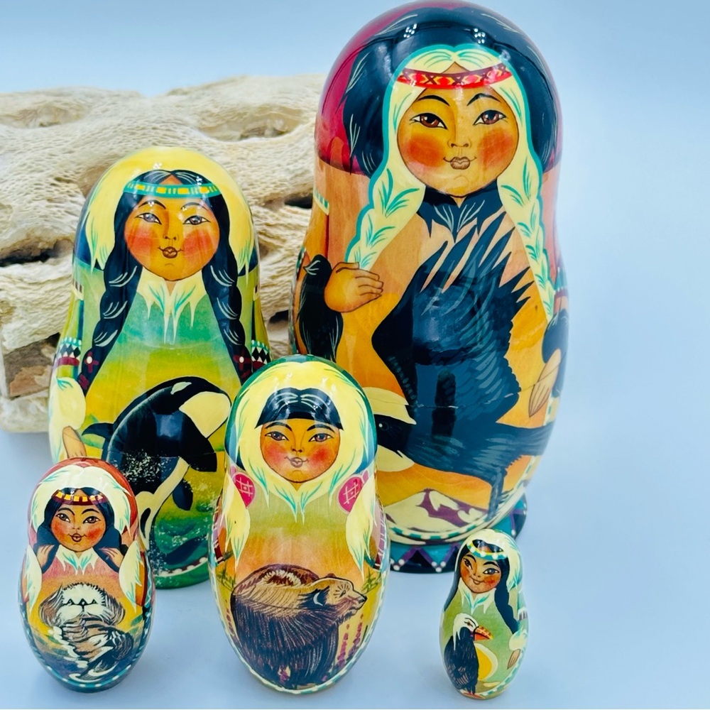Alaskan Themed, Signed by Artist, Matryoshka Nesting Dolls Set of 5 Russian